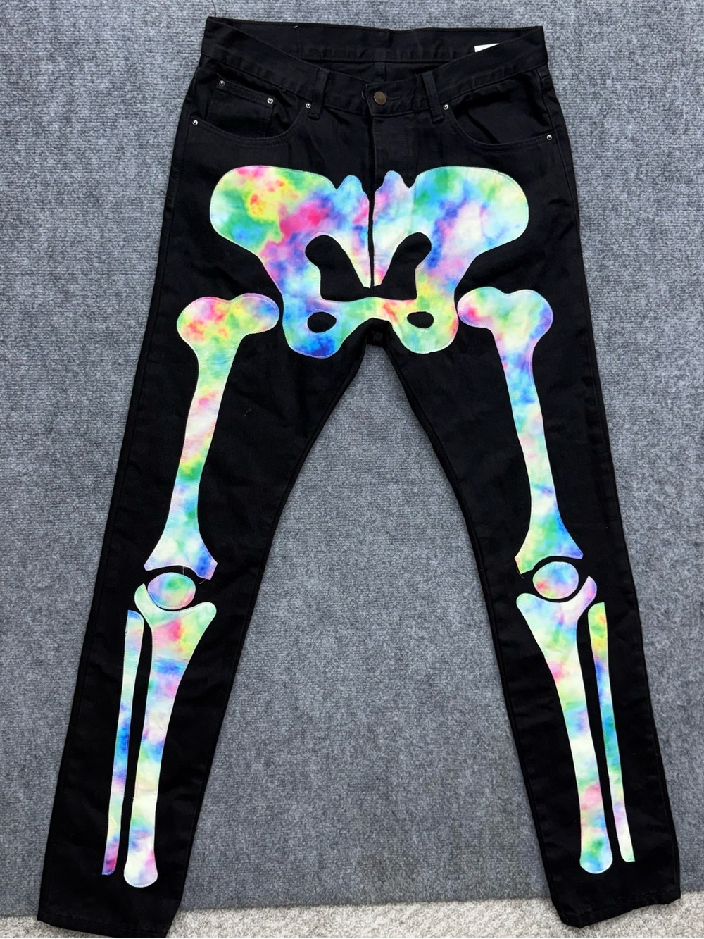 MNML Rainbow Skeleton Slim straight Buttonfly Jeans Black Men's Size 34 34x35